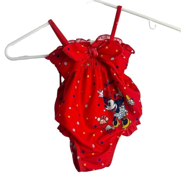 Disney Store Minnie Mouse Red Polka Dot Ice Cream One Piece Bow Bathing Suit - Picture 1 of 8